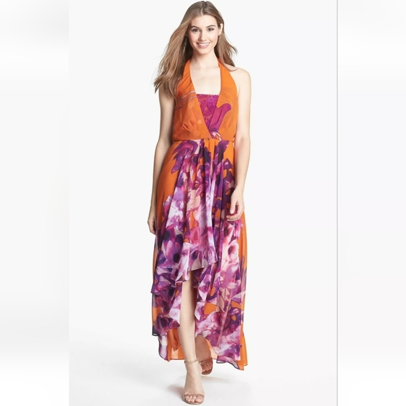 Jessica Simpson Chiffon Maxi Dress, Lace Inset Chiffon Max high and low size 8 - Picture 1 of 9